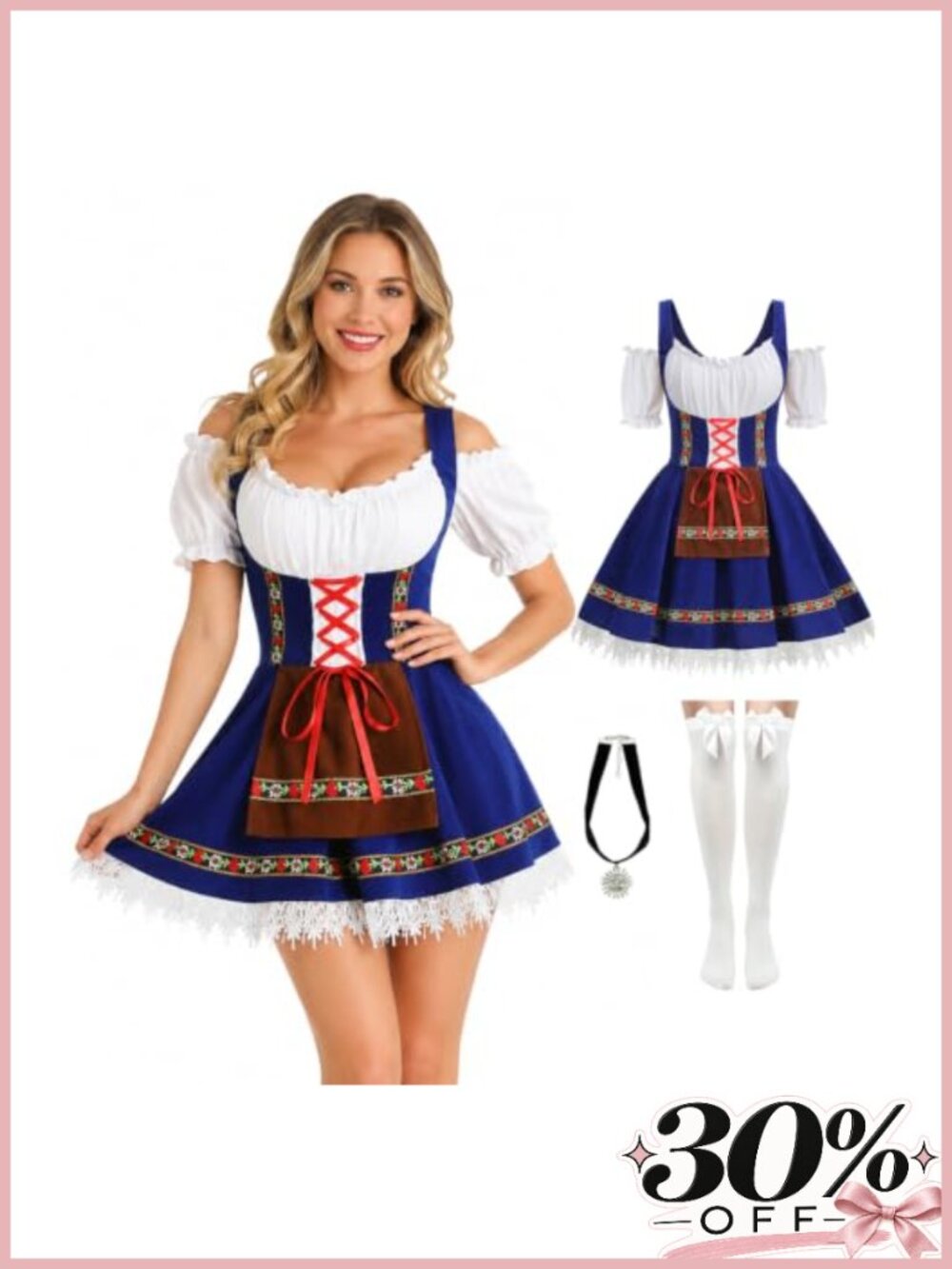 Oktoberfest Dirndl Dress Costume Set with Apron Socks Necklace